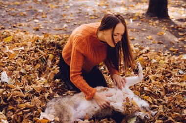 güzel kızıl saçlı kız düşmüş sonbahar yığını içinde onun köpekle oynamayı bırakır