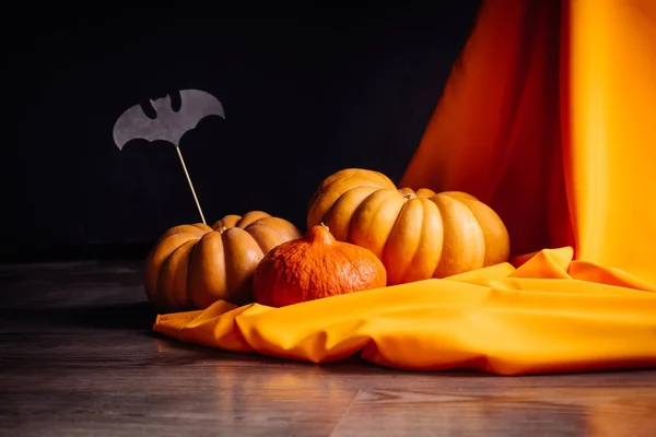 En komposition för att dekorera ett hus för halloween, gult och orange pumpor, orange gardin och svart bat ritning — Stockfoto