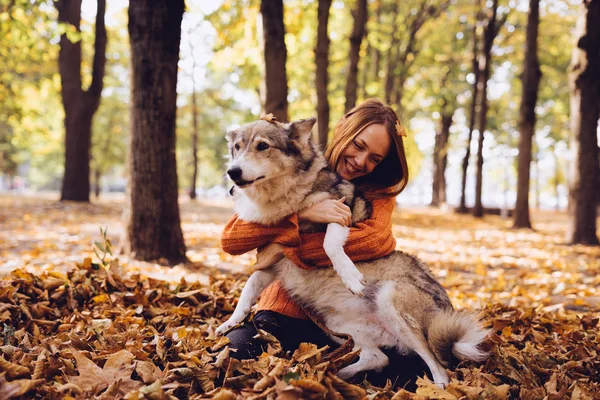 Mooie roodharige meisje speelt met haar grote hond in een stapel van verse herfst bladeren — Stockfoto
