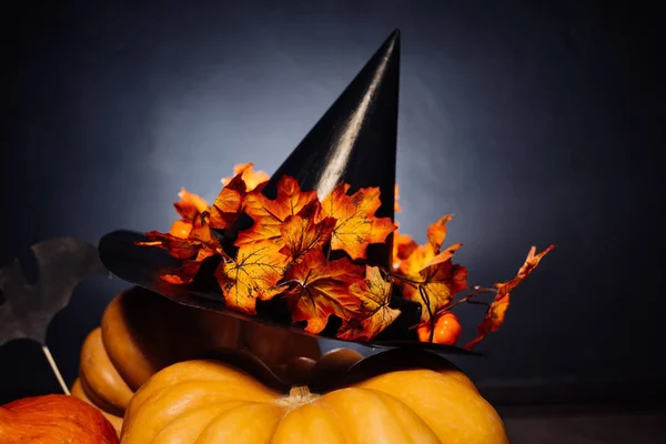 Halloween pumpa, Halloween häxa hatt med hösten torra blad liggande på en stor pumpa. Halloween stil. — Stockfoto
