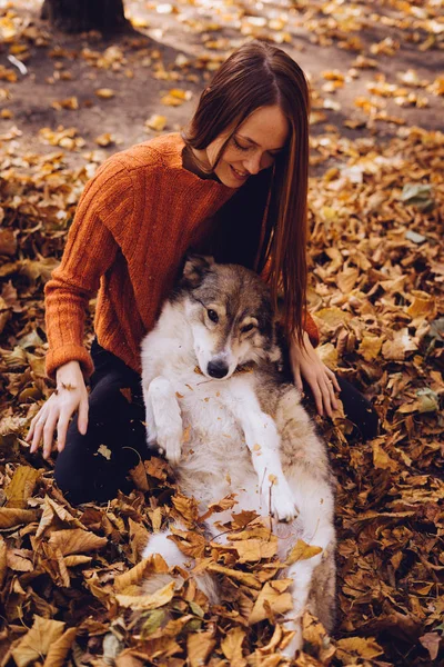 Bela menina ruiva está brincando com seu cão no parque de outono, nas folhas amarelas caídas — Fotografia de Stock