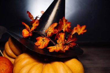 Cadılar Bayramı tatil sanat tasarım, kutlama. Halloween Pumpkins bir cadı şapka ve turuncu sonbahar yaprakları ile