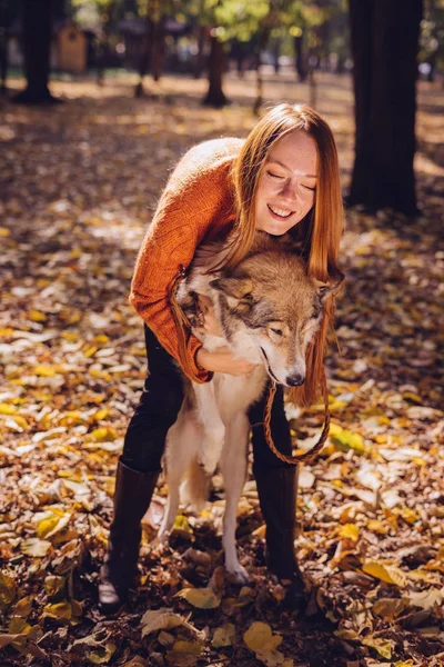 Vacker flicka i parken kramar sin hund. Kärlek för en hund, en vacker solig höstdag — Stockfoto