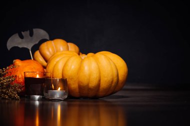 bir ev dekorasyon için halloween, yalan sarı ve turuncu kabak, mum yakmak için bir kompozisyon