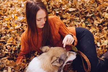 güzel genç Kızıl saçlı kız büyük köpeğini sonbahar düşen yapraklar yığını içinde oturan ile parkta yürüyüş