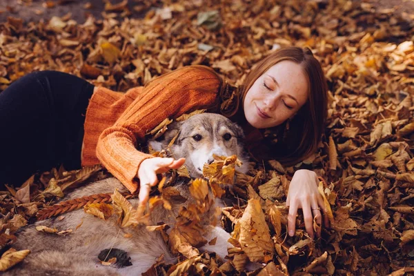Mooie roodharige meisje lopen in het park met haar grote hond zit in een stapel van gevallen Herfstbladeren — Stockfoto