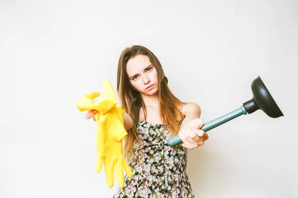 Spring cleaning upset woman on a white background — Stock Photo, Image