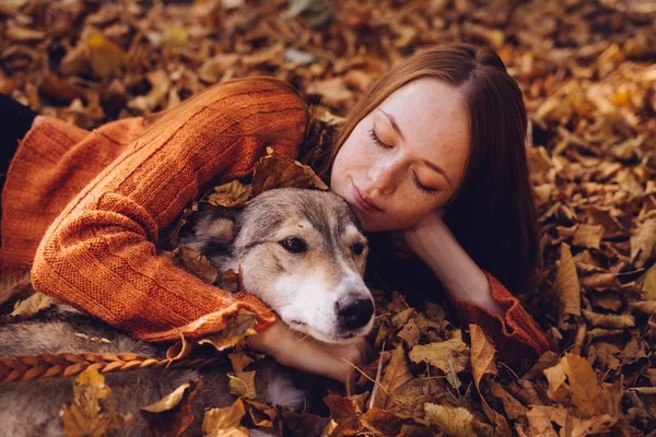 Ung vacker rödhårig flicka promenader med sin hund i parken, i en hög av fallna hösten lämnar — Stockfoto