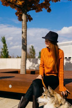 Genç şirin Kızıl saçlı kız ile ahşap bir bankta oturan parkta onun köpek yürüyüş