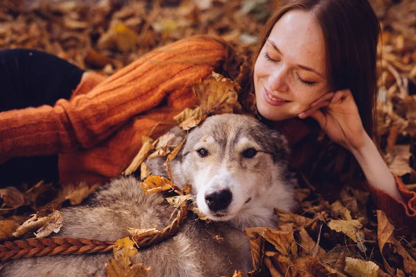 Ung söt rödhårig flicka promenader med sin hund i parken, i en hög av fallna hösten lämnar — Stockfoto