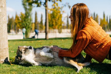genç güzel kızıl saçlı kız ile onun köpek park, yeşil çimenlerin üzerinde yürüyüş