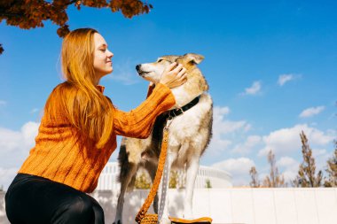 Kızıl saçlı kız büyük gri köpeğini mavi gökyüzüne karşı oturma parkta ile yürüme