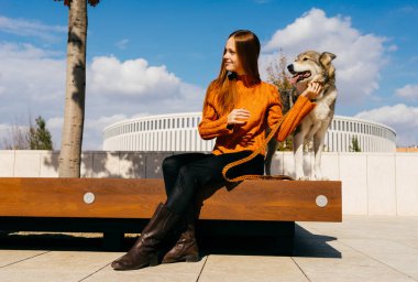 Kızıl saçlı kız büyük gri köpeğini ahşap bir bankta oturan parkta ile yürüme