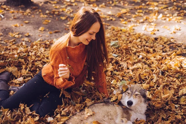 Jovem bela menina ruiva está andando com seu cão no parque, em uma pilha de folhas caídas no outono — Fotografia de Stock