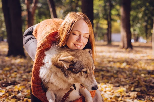 Uma menina ruiva nova está andando com seu cão cinzento grande no parque, em uma pilha de folhas caídas outonais — Fotografia de Stock