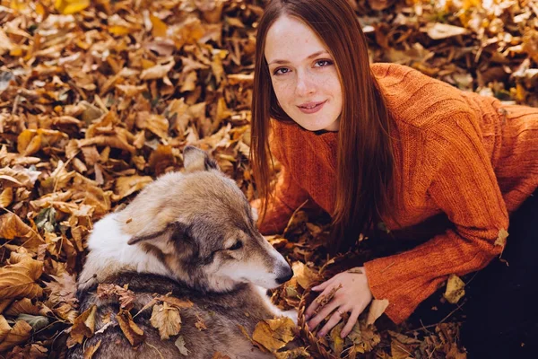 Unga vackra rödhåriga flickan promenerar med sin hund i parken, i en hög med höst-stupat blad — Stockfoto