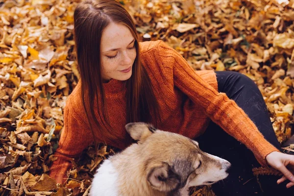 Flicka ligger i en park i löv med sin hund — Stockfoto