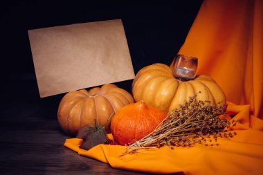 Turuncu kumaş üzerine Cadılar Bayramı için sahne birkaç büyük kabak