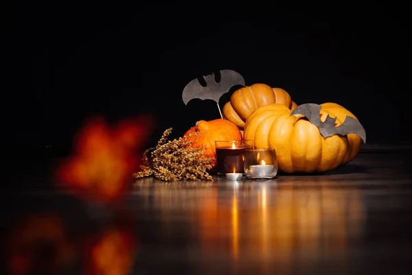 Várias pequenas abóboras decoradas com um tema de Halloween — Fotografia de Stock