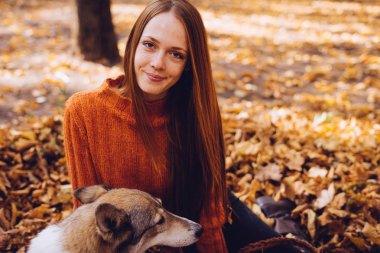şık bir turuncu kazaklı genç güzel kızıl saçlı kız köpeğini düşen sonbahar yaprakları etrafında park ile yürüyor