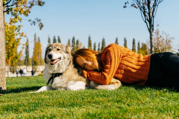Piękna Rudowłosa dziewczyna w modny sweter pomarańczowy spaceru z psem w parku — Zdjęcie stockowe