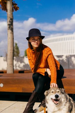 şık kazaklı genç güzel kızıl saçlı kız köpeğini, mavi gökyüzü ile parkta yürüyor