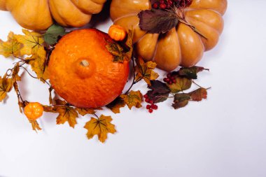 Cadılar Bayramı'nda, beyaz bir tablo üzerinde bir ev dekorasyon için kompozisyon yalan turuncu ve sarı kabak, sonbahar sarı yaprak ve meyve ve sebze