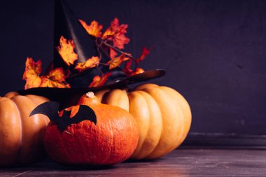 Cadılar Bayramı için bir ev dekorasyon için bir kompozisyon yalan turuncu ve sarı kabak, büyük kara cadı şapkası