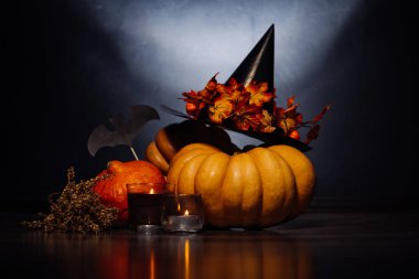 Cadılar Bayramı için bir ev dekorasyon için bir kompozisyon yalan turuncu ve sarı kabak, büyük kara cadı şapkası