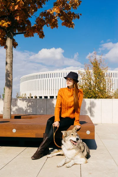 Молодая красивая рыжая девушка в модном оранжевом свитере гуляет со своей собакой в парке — стоковое фото