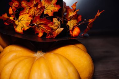 halloween Tema siyah bir şapka ile dekore edilmiş kabak