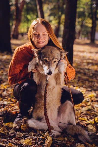 Menina feliz abraçando seu cão no parque de outono — Fotografia de Stock