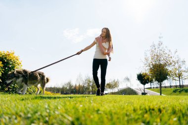 yüksek sevimli kız bir beyaz T-shirt parkta yeşil çimenlerin üzerinde köpeğiyle yürüyor