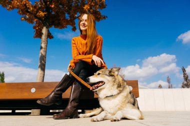 Ona köpek yalan yan yana güzel havanın tadını parkta, ahşap bir bankta oturan genç güzel gülümseyen kız