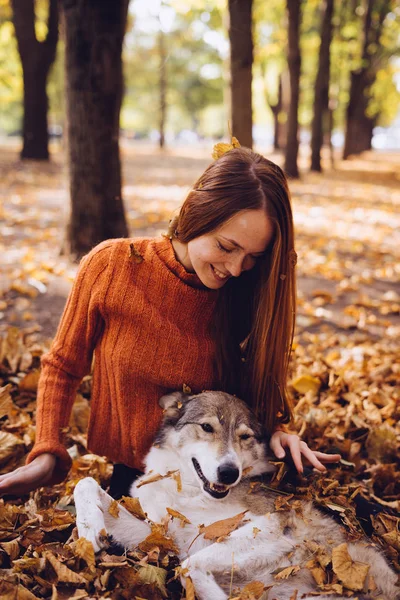 Vackra skrattar rödhårig flicka som leker med hennes stora grå hund i en hög av fallna hösten lämnar — Stockfoto