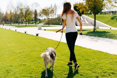 parkta yeşil çimenlerin üzerinde büyük Köpeğiyle yürüyen bir moda pembe Fularlı güzel uzun saçlı kız