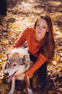 genç güzel kızıl saçlı kız köpeğiyle düşmüş sonbaharda poz bırakır