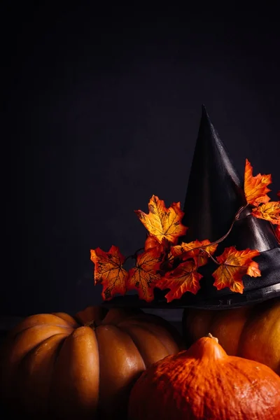 Voor het versieren van het huis voor Halloween, gele en oranje pompoenen van de leugen en een zwarte heks hoed met gele bladeren — Stockfoto