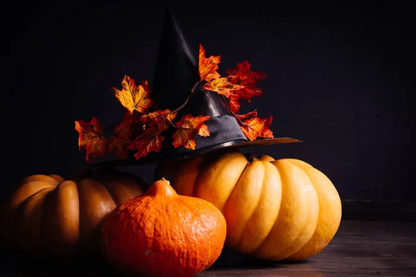 Att dekorera huset för Halloween, lögn gula och orange pumpor och en svart häxa hatt med gula blad — Stockfoto
