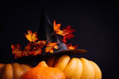 Cadılar Bayramı için evi dekore etmek, sarı ve turuncu kabak ve Kara Cadı şapkası sarı yaprakları ile yalan