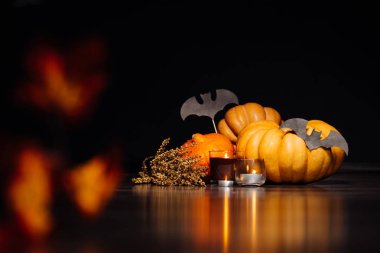 Sarı ve turuncu kabak, kokulu mumlar, yanan Cadılar Bayramı yalan bir atmosfer yaratmak için kuru ot ve çizimler siyah yarasa dalı yatıyor