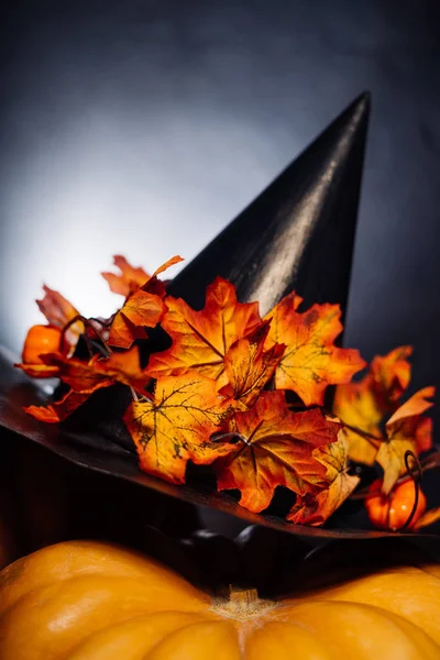 På en orange Halloween är pumpkin en svart häxa hatt, prydda med gula blad — Stockfoto