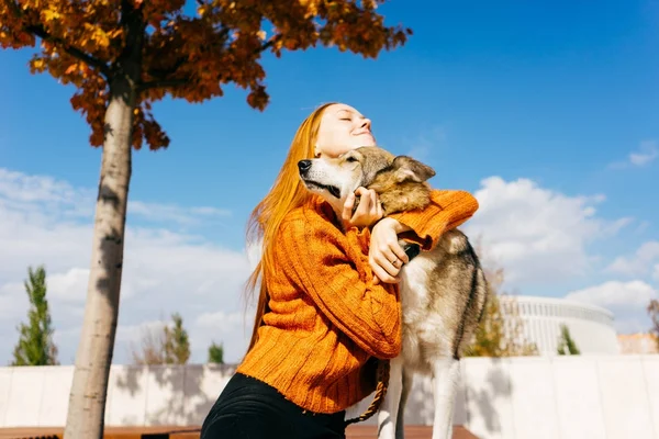 Молодая девушка в оранжевом свитере обнимает свою собаку — стоковое фото