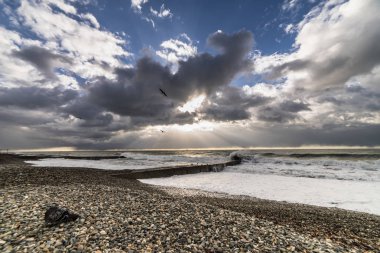 Taş Plajı güvercin çifti ile gün batımında üzerinde terkedilmiş