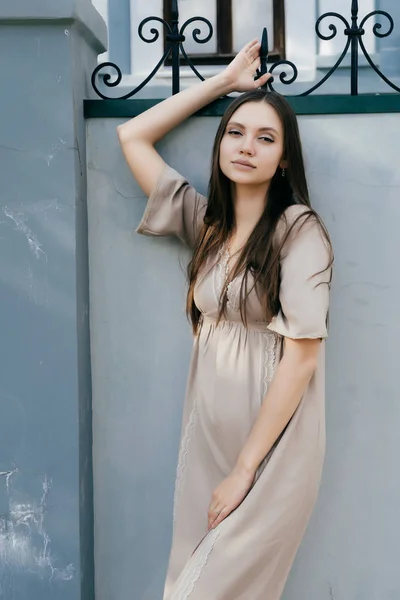 Chica modelo atractiva de pelo largo en vestido largo elegante posando cerca de una cerca ligera — Foto de Stock