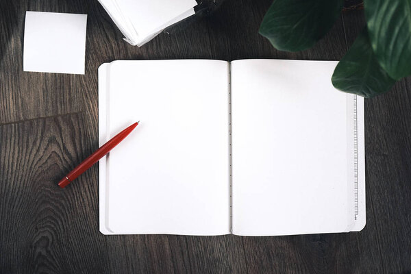 on a dark wooden surface is a clean white notebook, glider, red pen