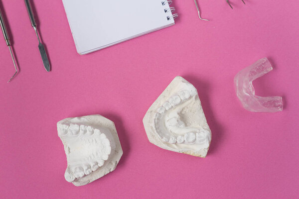 на розовой поверхности лежат гипсовый слепок зубов, ноутбук и стоматологические инструменты
