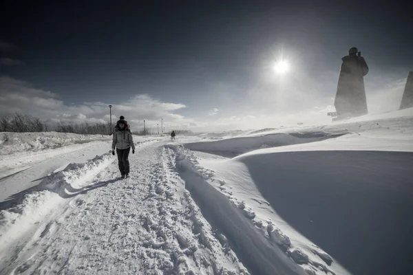In the far cold north, winter weather, the girl walks along the snow-covered road — Stock Photo, Image