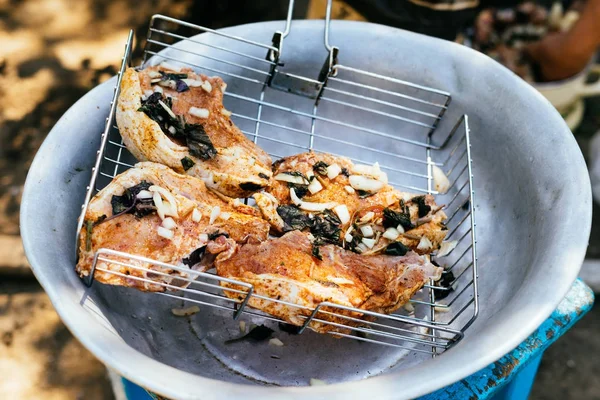 Carne de veado crua para fritar no churrasco em um piquenique — Fotografia de Stock