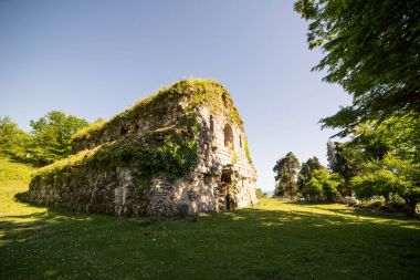 güneşli bir gün, yeşil çimen, terk edilmiş eski bir bina çevresinde